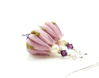 Purple Tulip Earrings, Lampwork Earrings, Pearl Earrings, Flower Earrings, Glass Bead Earrings, Beadwork Earrings, Glass Earrings
