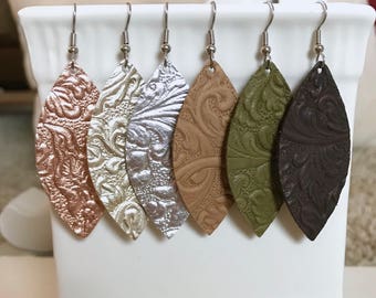 Leather Earrings - Genuine Leather - Metallic Scroll Collection - Teardrop - Leaf - Rose Gold - Gold - Silver - Pewter - Stainless Steel