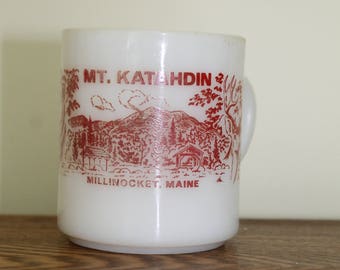Fire King Milk Glass Mt. Katahdin Millinocket Maine Souvenir Mug