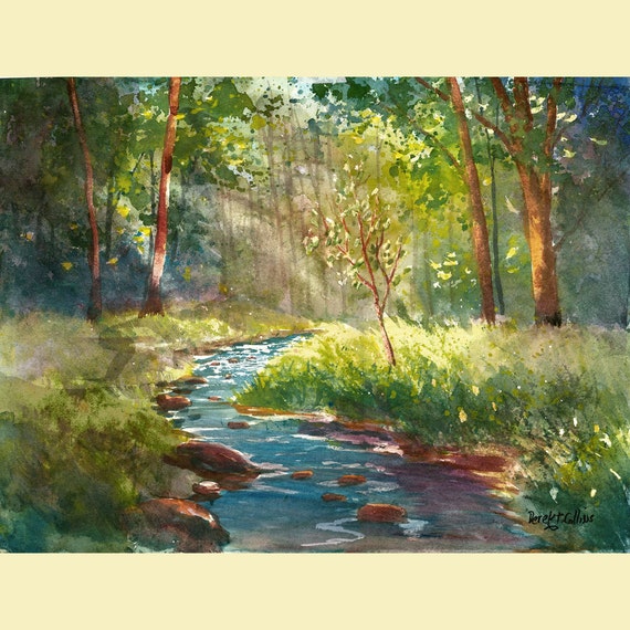 Items similar to watercolor landscape painting PRINT creek and tree