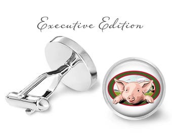 Pig On A Farm Cufflinks - Pig Cuff Links - Animal Cufflink - Farmer Cufflink - Groom Wedding Gift (Pair) Lifetime Guarantee (S0056)