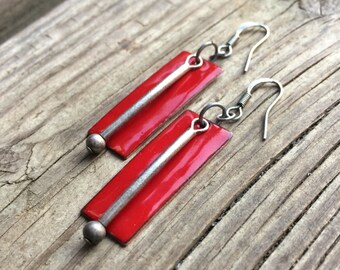 Red Earrings Dangle, Red Jewelry, Copper Enamel Earrings, Red Dangle Earrings, Geometric Earrings, colorful jewelry, red and silver earrings