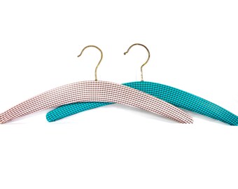 Vintage Checkered Coat Hangers Set of 2 Retro Clothes Hangers Pink Blue