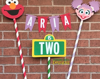 Elmo & Abby Cake Bunting Topper with Mini Sesame Street Sign - Smash Cake - Sesame Street Party - Red Lavender Yellow Green