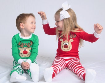 Family Christmas pajamas top and pants sets Reindeer or Santa applique green red & white stripes baby toddler kids monogrammed PJs IN STOCK