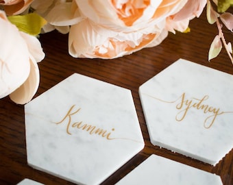 100 Customized Calligraphy Hexagon Marble Coasters. Wedding Place Cards. Escort card. Personalized Hexagon Coasters.Wedding Favors.