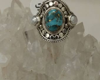 Blue Copper Turquoise and Pearl Ring Size 5 1/2