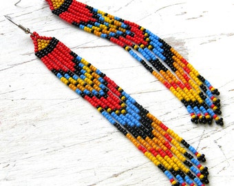 Beaded earrings for her Extra long earrings Fringe seed bead earrings Long fringe beaded earrings Beaded jewelry Hippie ethnic earrings gift
