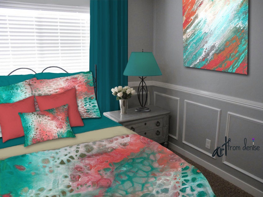 Teal gray aqua coral Duvet Cover Queen King Full Twin