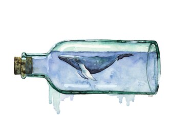 Watercolor Painting, Whale Painting, Whale Art, Whale in Bottle, Bottle Art, Whale Print, Beach Decor, Nautical, Print titled, "Sea Glass"