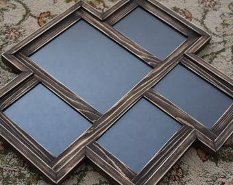 MULTI 5 Opening distressed rustic pine collage picture frame with 1) 8x10's and 4) 5x7's ... dark walnut stain....HANDMADE