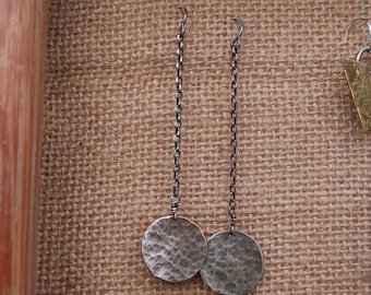 Long Hammered Antiqued Silver Circle Earrings
