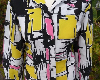 1960's 70's Mod Op Art Graphic Print Blouse Shirt Sz L