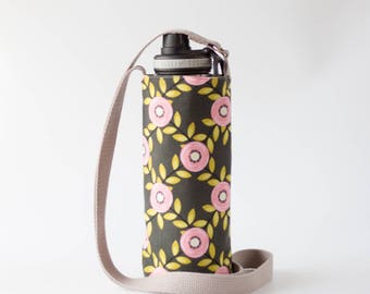 Pink Floral Large Water Bottle Holder, Fabric Water Bottle Sling, Crossbody, Pink, Green, and Gray Cotton Fabrics, Handmade