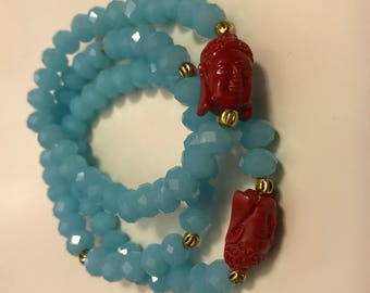 Light Blue and Red Buddha Bracelets - Stack of 3