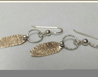 Silver and brass dangle earrings, mixed metal earrings, artisan crafted metalsmith earrings
