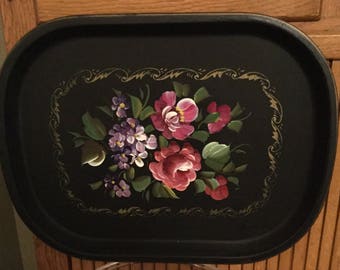 Pretty black painted tole metal tray