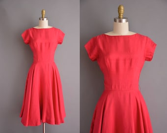 50s raspberry silk full sweeping vintage dress. 1950s vintage dress