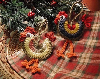 DOWNLOADABLE PDF PATTERN - Crocheted Rooster Ornaments