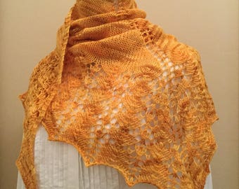 Hand knit shawl, shawlette, scarf, yellow, orange, merino wool