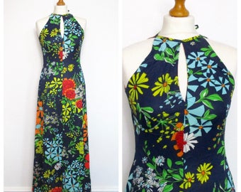 Vintage 70s Sleeveless Boho Floral Maxi Dress - Halter Rainbow Flower Power Festival Dress - S