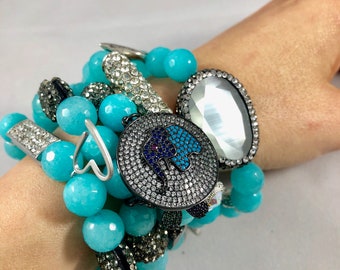 5 beaded bracelet stack with turquoise jade beads and cz and pave gunmental and silver accents