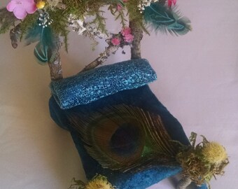 Woodland miniature bed, twig bed with feathers