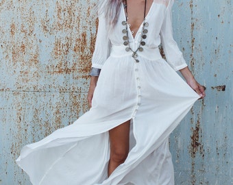 Bohemian Clothing, White Long Dress ,Button Dress, White Maxi Dress With Sleeves, Boho Dress, Fashion Dress