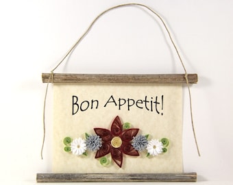 Bon Appetit, Paper Quilled French Kitchen Sign, 3D Paper Quilled Banner, Red Grey White Decor, France Gift, Enjoy Your Meal Kitchen Art