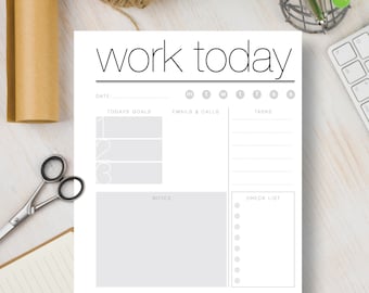 WORK TODAY Instant Download Printable Planner. Black and White Instant Planner insert includes 4 sizes: A4, A5, Letter & Half Letter | #535