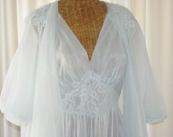 Vanity Fair 60s Double Chiffon Peignoir Set Blue Unworn Mint