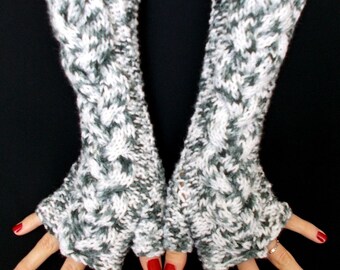 Fingerless Gloves White Grey Tones Cabled Wrist Warmers