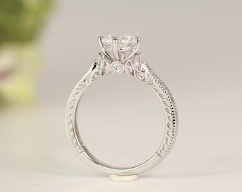 Art Deco Engagement Ring - Vintage Inspire Ring - Antique Style - Round Cut Solitaire Ring - 1 Carat - Sterling Silver