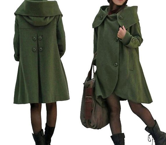 dark green cloak wool coat Hooded Cape women Winter wool coat