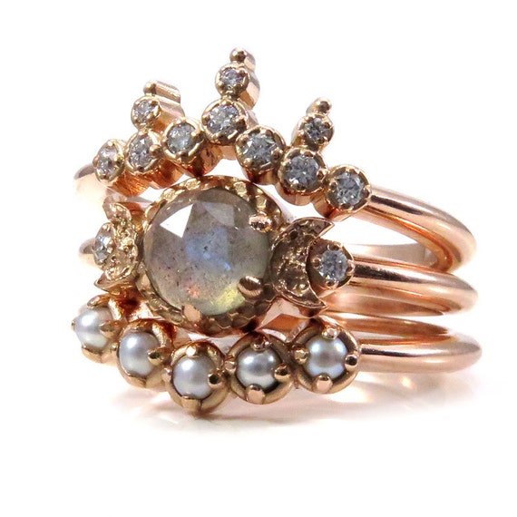 Moon and Sea Goddess Engagement Ring Set - Rose, Yellow or White Gold - Rose Cut Labradorite