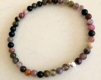 Watermelon Tourmaline Bracelet Sterling Silver beaded small 4mm gemstone bead bracelet stretch October Birthstone jewellery stacking jewelry