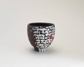 Handcrafted Porcelain Yunomi "Ohata Scrawl v.2," Ready to Ship, Wheelthrown Yunomi, Red and Black Whiskey Cup