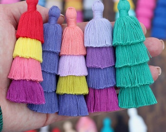 Tiered Tassels New SPRING Colors, 3" Handmade Cotton Tassel for Earring/Necklace Making, Jewelry DIY, Ombre Colors, Layered Tassels, 1 piece