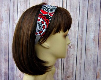 Reversible Headband - Headband for Women - Adult Headband - Womens Headband - Handmade Fabric Headband - Flowers and Gray Tonal