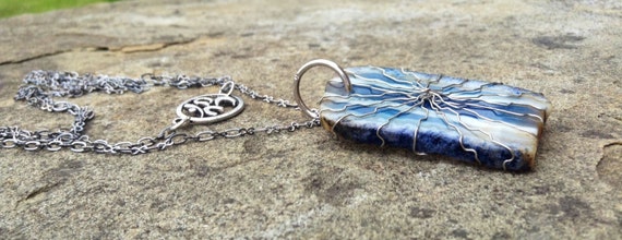 Blue Striped Madagascar Agate Silver Wire Wrapped Slice Necklace