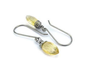 Niobium Earrings Citrine Gemstone, Niobium Wire Wrapped Earrings, No Nickel Hypoallergenic Earrings for Sensitive Ears, Yellow Stone