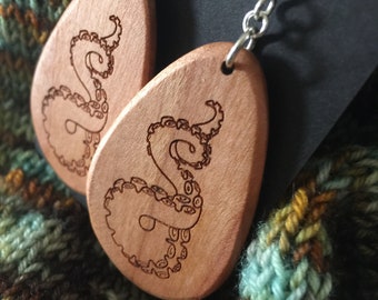 Wooden Octopus Tentacle Earrings