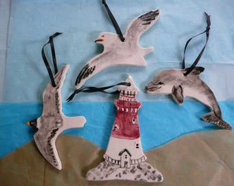 Lighthouse, Dolphin, Gull Ornaments - summer vacation beach - handmade ceramic