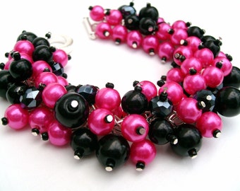 Bridesmaid Jewelry, Hot Pink and Black Pearl Beaded Bracelet, Cluster Bracelet, Pearl Bracelet, Bridesmaid Gift