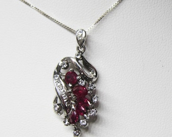 Sterling Silver Diamond and Ruby Pendant - Necklace - 2409J