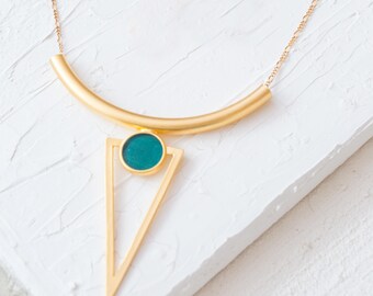 Geometric Gold Necklace, Long Gold Necklace, Vintage Necklace, Statement Necklace, Unique Jewelry, Valentines Gifts, Gold Pendant