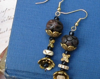 Asymmetrical Brass and Bone Drop Earrings of the Tribal Collection
