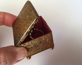 Antique French Gilded and Enameled Ring Box, Footed Jewelry Casket. Red Silk Lining