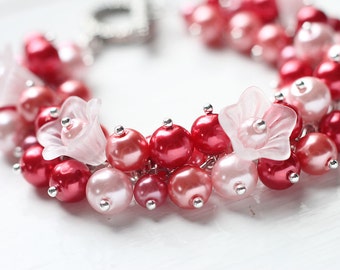 Red Bridesmaid Jewelry Pearl Cluster Bracelet - Flowers of Passion