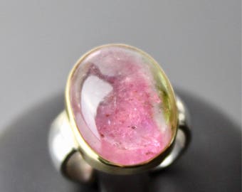 Watermelon Tourmaline Cabochon, 18K Gold Setting, Sterling Comfort Fit Ring. Size US -5.25, UK -K.
